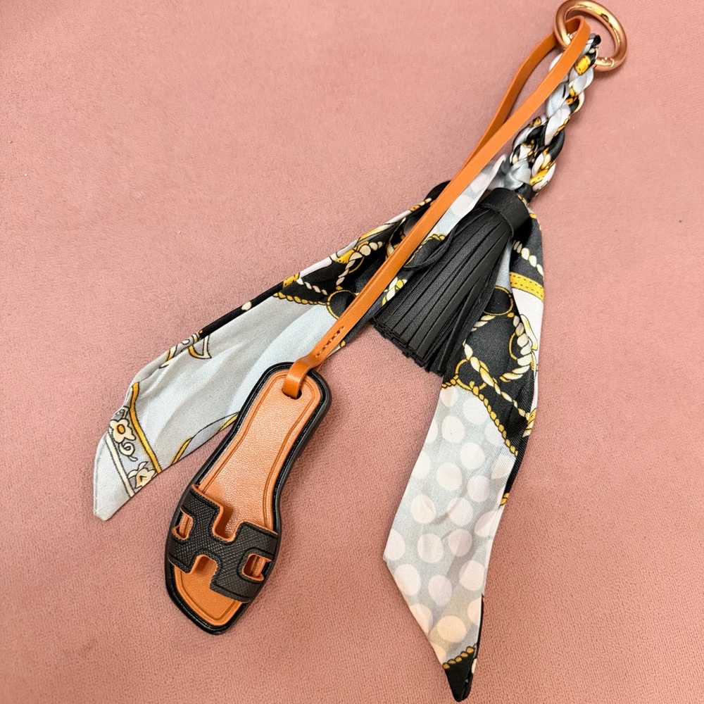 Handmade black Bag charms Miniature sandals tassel twilly 3in1 accessories